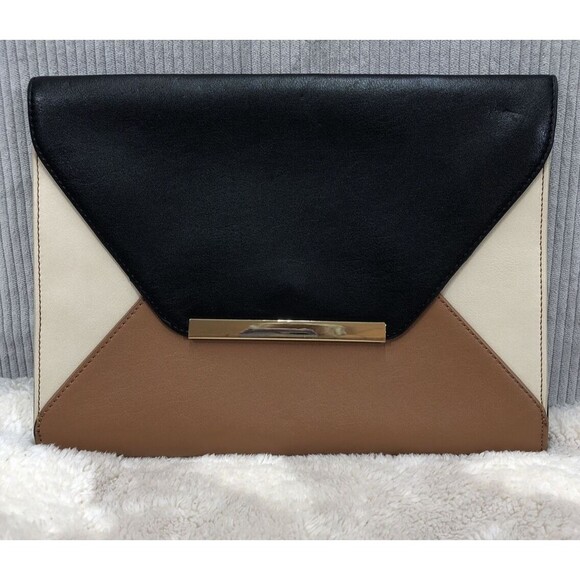 Express Envelope Clutch Purse Colorblock Black Brown Beige Church Party - Picture 1 of 12